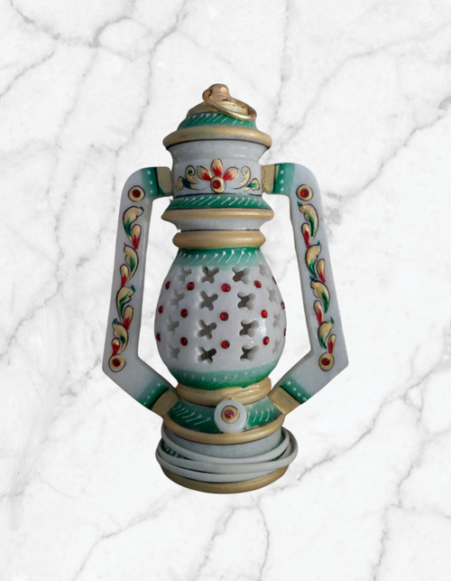 Rajasthani Marble Lantern Lamps and Marble Lamp for Home Decoration, Round Lantern Table Lamp with Bulb - Samrat Marble