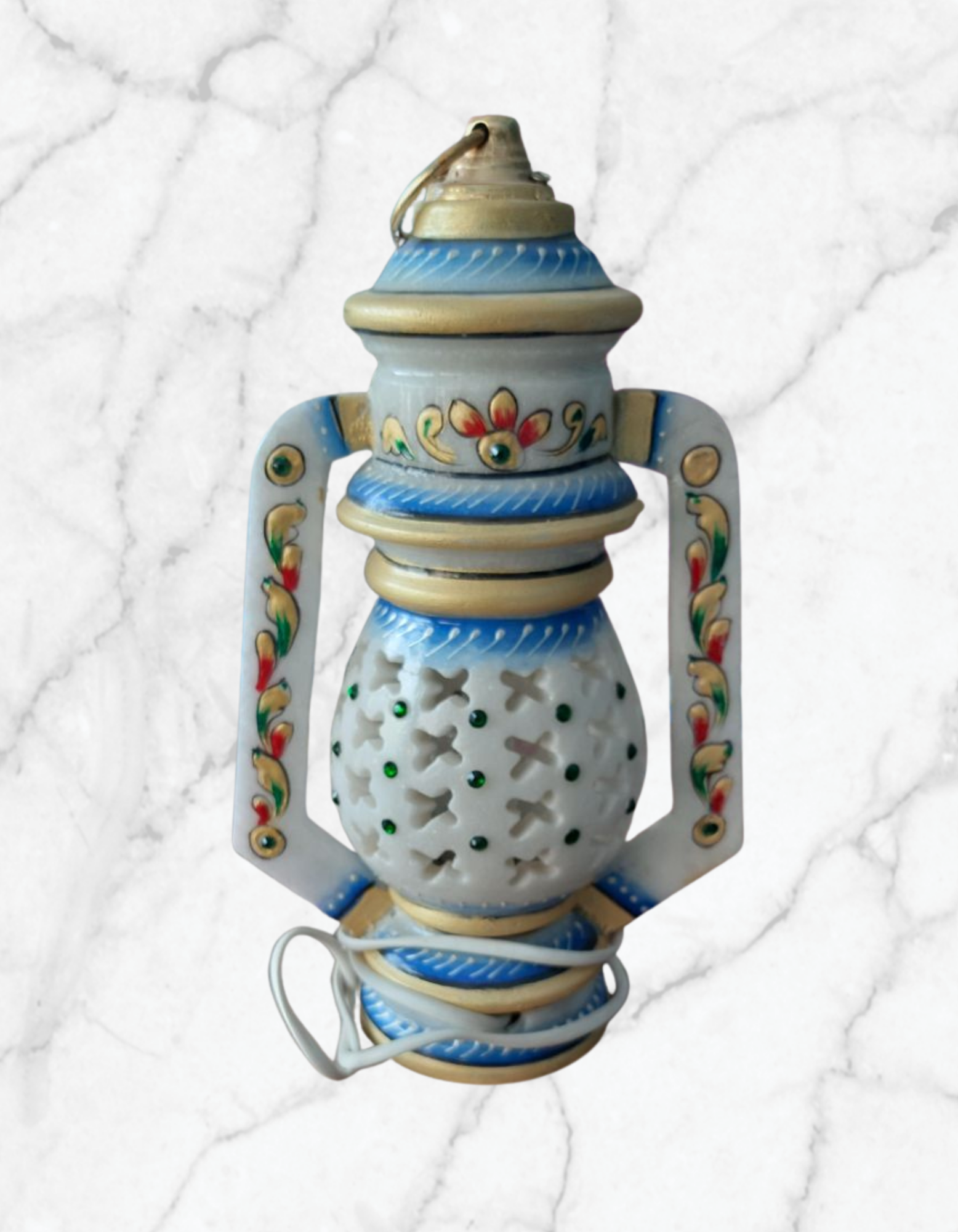 Rajasthani Marble Lantern Lamps and Marble Lamp for Home Decoration, Round Lantern Table Lamp with Bulb - Samrat Marble