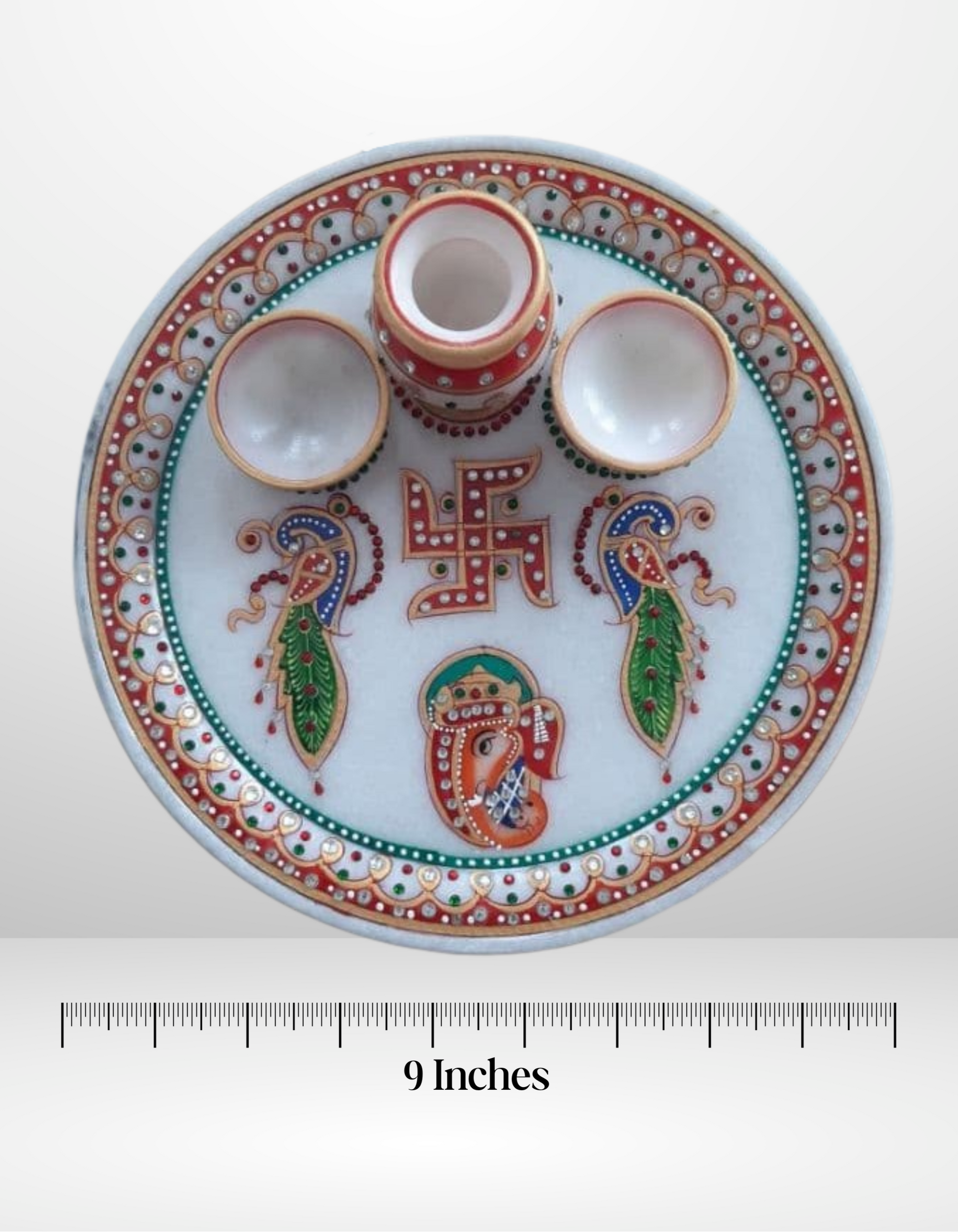 Marble Pooja Thali, Round Shape Handicraft Home Decor Puja Plate Set with Printed Peacock & Ganeshji for Home & Office - 9 Inch