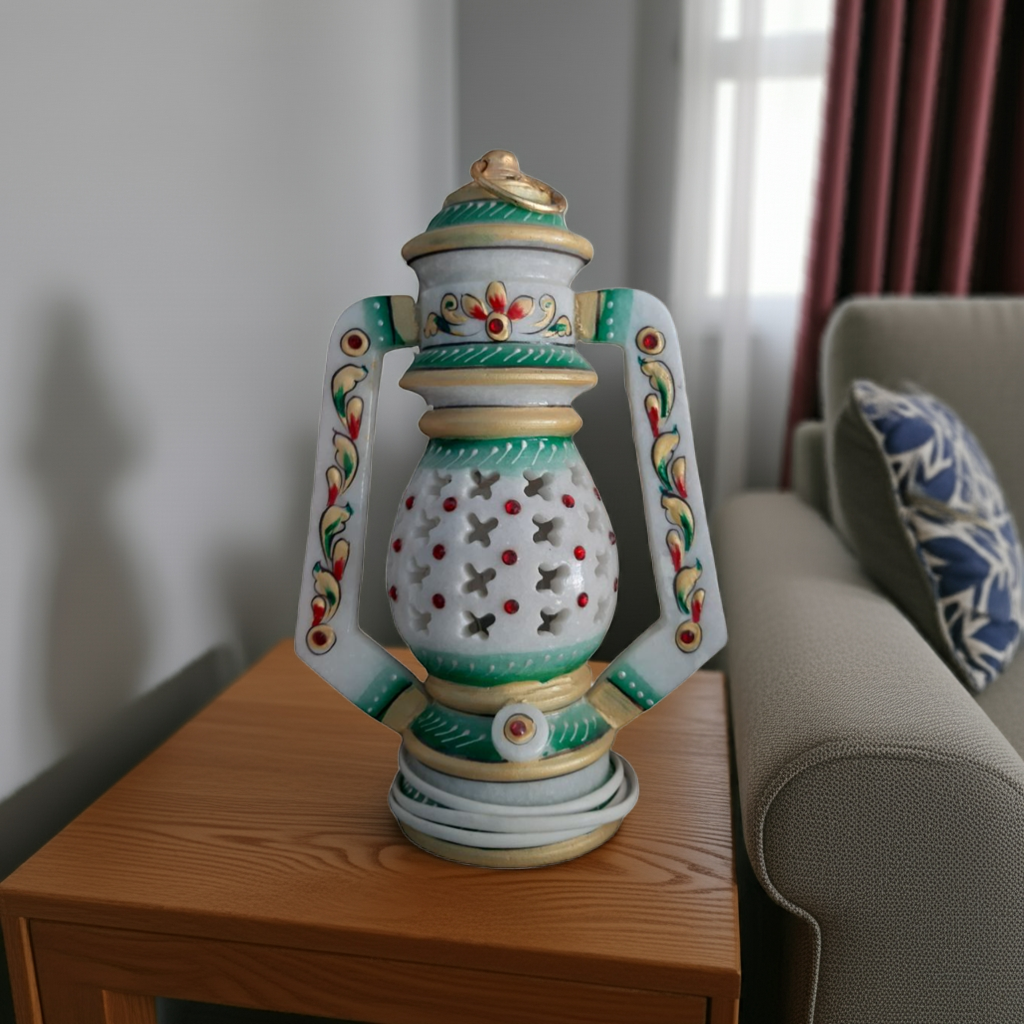 Rajasthani Marble Lantern Lamps and Marble Lamp for Home Decoration, Round Lantern Table Lamp with Bulb - Samrat Marble