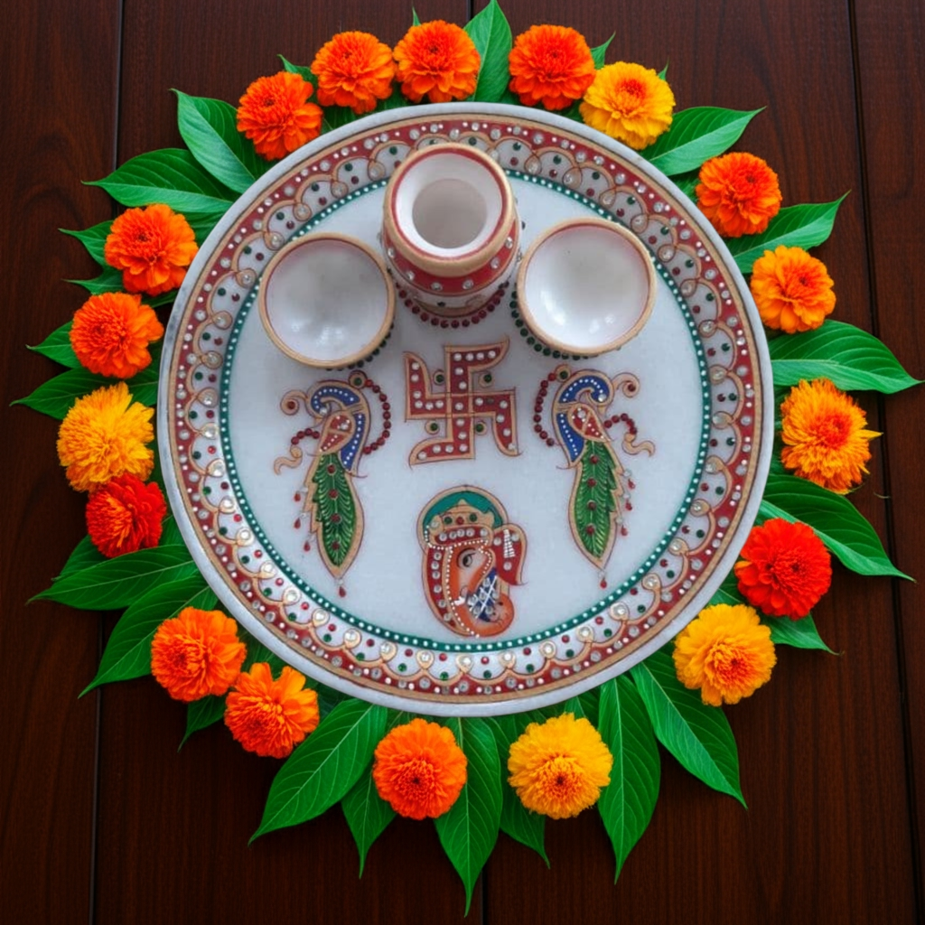 Marble Pooja Thali, Round Shape Handicraft Home Decor Puja Plate Set with Printed Peacock & Ganeshji for Home & Office - 9 Inch