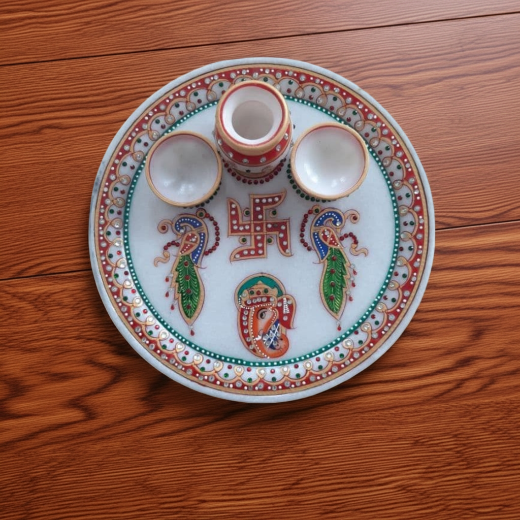Marble Pooja Thali, Round Shape Handicraft Home Decor Puja Plate Set with Printed Peacock & Ganeshji for Home & Office - 9 Inch